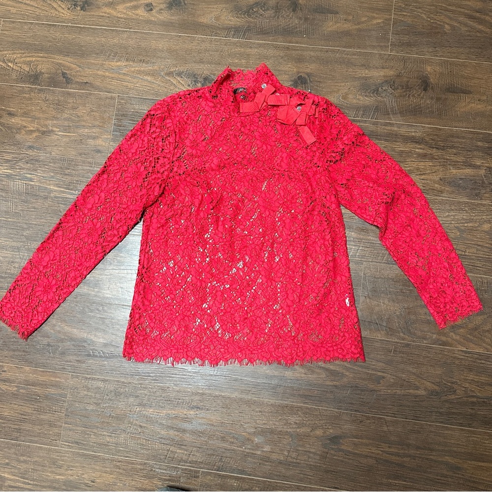J CREW RED LACE HIGH NECK LONG SLEEVE BOW ACCENTS TO